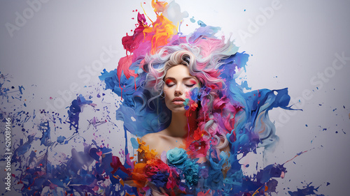 Wunderschönes Frauen Gesicht mit bunten schwebenden Haar und Farben als Painting Nahaufnahme, ai generativ