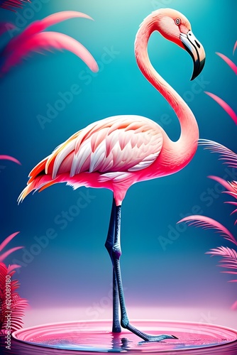 Beautiful pink flamingo standing in water. Generative Ai illustration.