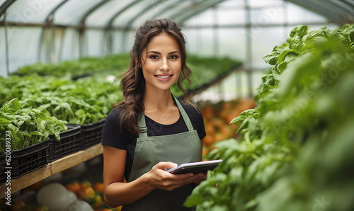 Woman smiling in greenhouse, small business owner growing fresh organic vegetables herbs, managing harvest yields and inventory levels for farmers market generative AI