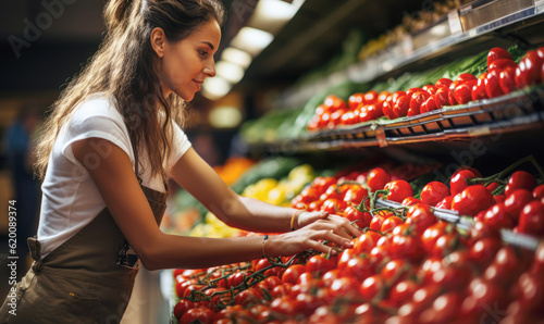 Woman working in supermarket grocery store packing the fresh produce on the shelves crates, selling raw vegetables fresh healthy lifestyle generative AI