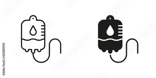 Intravenous Bag for Plasma Donation Sign. Medical Iv Drip Pictogram. Blood Transfusion Line and Silhouette Black Icon Set. Emergency Medicine Symbol Collection. Isolated Vector Illustration