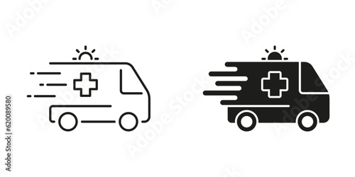 Ambulance Line and Silhouette Black Icon Set. Emergency Car for Patients Pictogram. Fast Paramedic's Transport for First Aid Symbol Collection. Urgent Medical Help. Isolated Vector Illustration