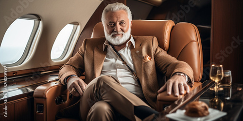 Fotografia, Obraz Attraktiver Geschäftsmann mit Bart Oligarch im Privatjet auf dem Flug, ai genera