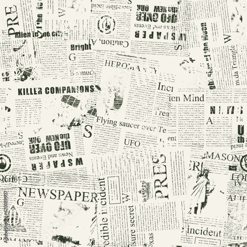 Abstract seamless pattern with chaotic layering of newspaper text, illustrations, headlines on a light backdrop. Creative vector background in grunge style. Wallpaper, wrapping paper or fabric design