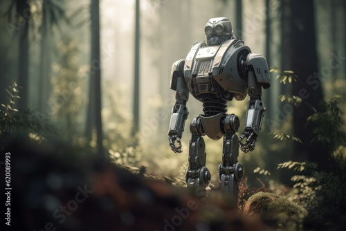Futuristic robot forest walk. Generate Ai