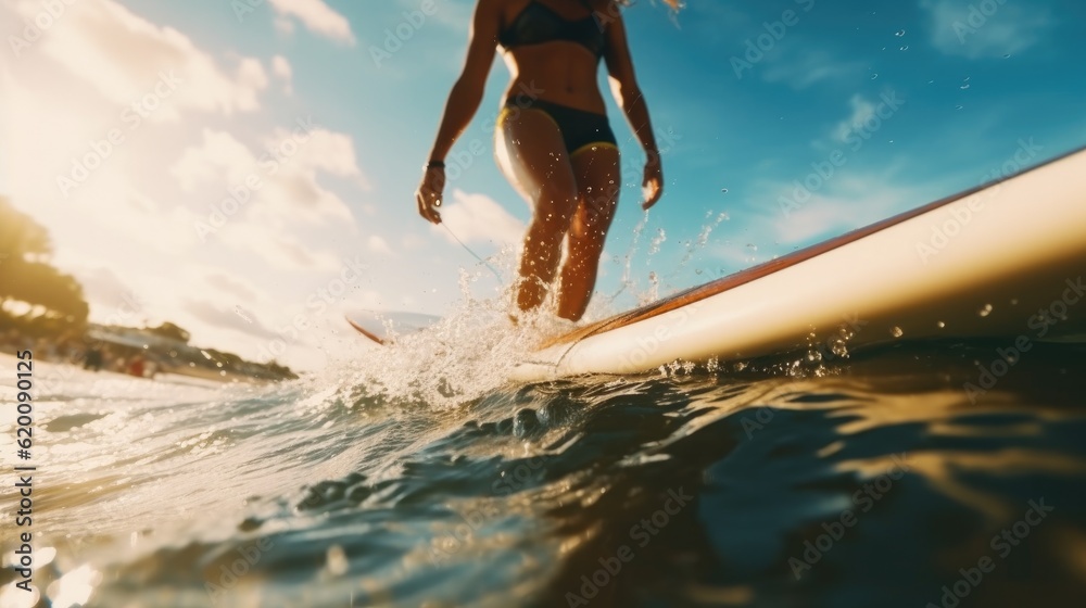 Close up athletic legs of young woman who active rides wave on surf style wakeboard, Many water droplets around.