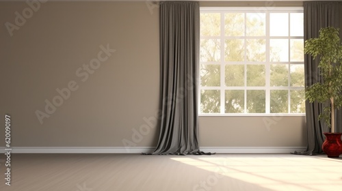 Empty room with blank cream white wall, black blackout curtain window, Luxury interior design, decoration, renovation.