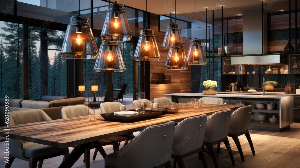 Elegant Pendant Light Fixtures, Dining room in the apartment with modern decoration and design.