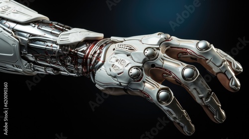 Robot hand on dark isolated background, Detailed image of a robotic anatomy close up, Cyborg mechanical arm pointing.