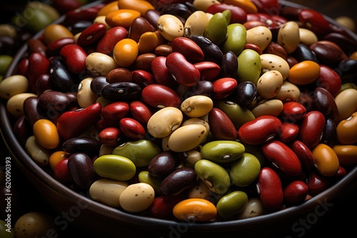 Assorted grains in ceramic bowls, Many variety of beans.