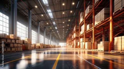 Huge distribution warehouse with high shelves  Large industrial warehouse.