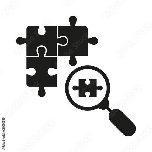 Magnifier with Puzzle Parts Solid Sign. Magnifying Glass and Jigsaw Pieces Silhouette Icon. Problem Solving Glyph Pictogram. Research, Discovery, Exploration. Isolated Vector Illustration