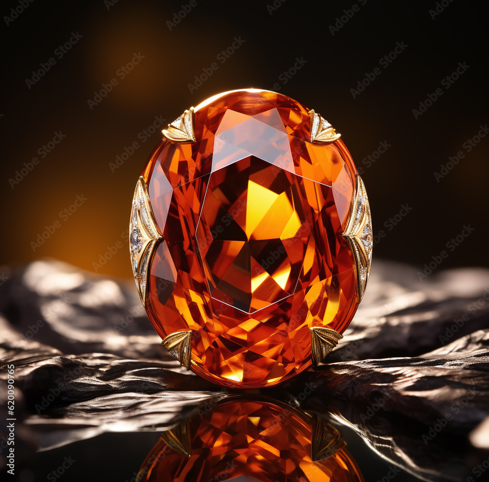 A yellow topaz is displayed on a white surface high res. Generative AI A yellow topaz is displayed on a white surface high res. Generative AI