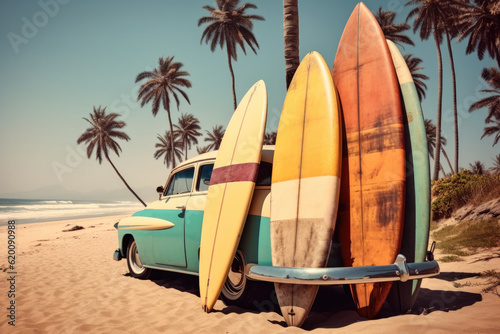 Surfboards on tropical beach, Travel vacation concept, Ready for summer vacation.
