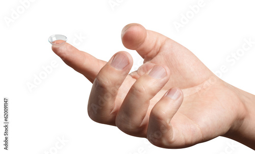 Male index finger holding contact lens, cut out