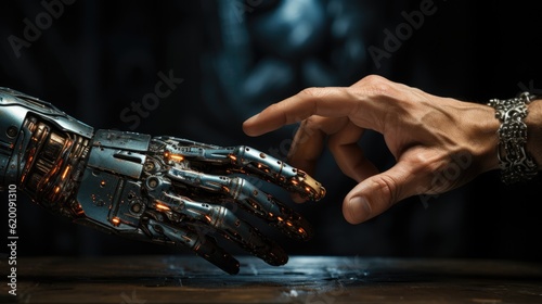 Human hand and robot hand pointing  Robot connect to human.