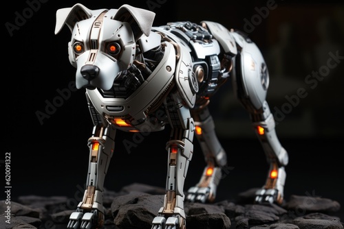 Robot dog stands on a gray background, Cyber dog.