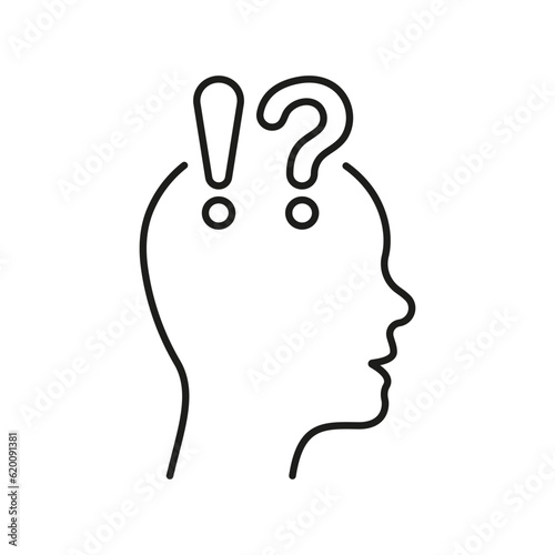 Human Head with Question Mark and Exclamation Point Line Icon. Person Face in Profile View Doubt and Curious Linear Pictogram. Confused Outline Symbol. Editable Stroke. Isolated Vector Illustration
