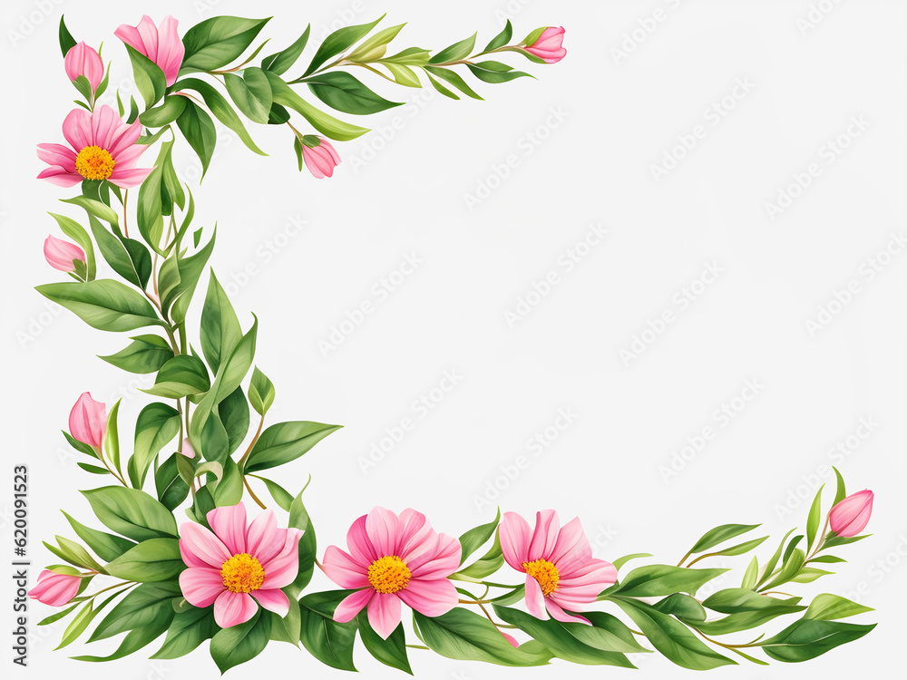 Pretty pink flower frame for cards, wedding invitions etc. Isolated on white. Watercolor painting, AI creation. With space for text.