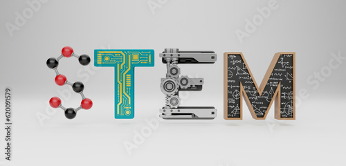 STEM typography symbols design concept. science, technology, engineering, mathematics education word. 3d rendering.