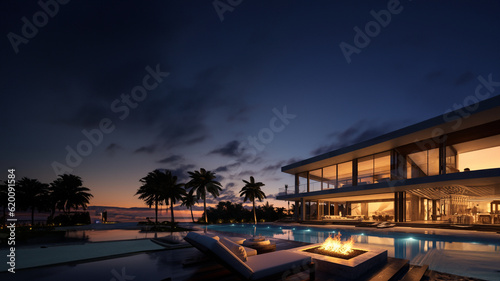 Große edle Villa mit viel Glas und Swimmingpool in der Abenddämmerung, ai generativ