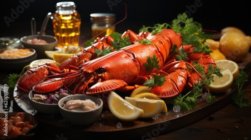 Seafood with fresh lobster, mussels, oysters as an ocean gourmet dinner background.