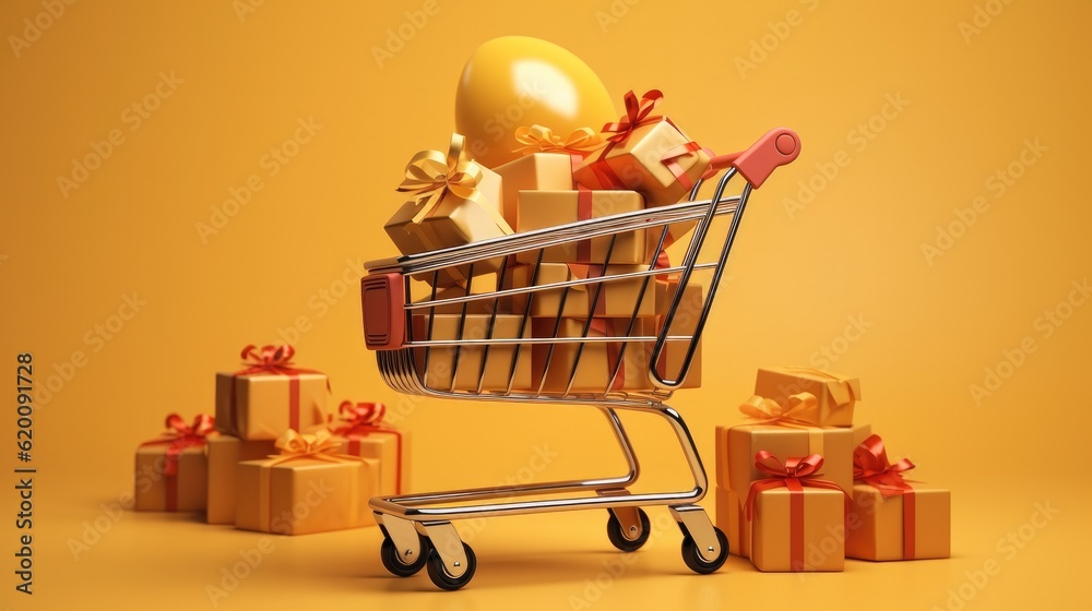 Shopping cart with gift on a yellow background, Shopping Trolley, Grocery push cart, Minimalist concept. Shopping cart with gift on a yellow background, Shopping Trolley, Grocery push cart, Minimalist concept.