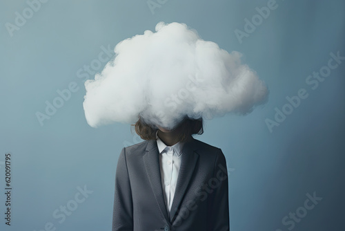 businesswoman with clouds covering her head, cloudy judgment