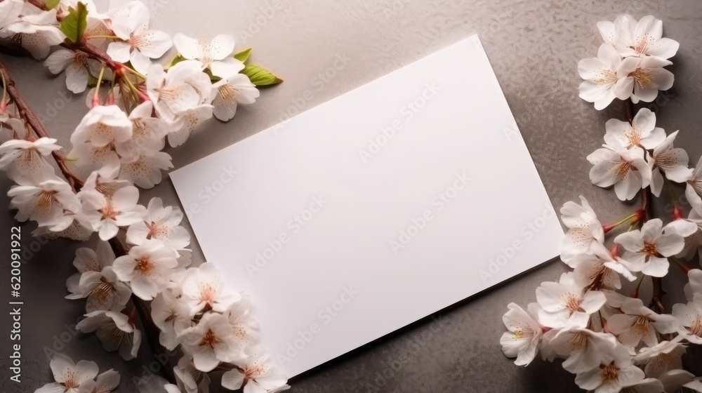 Invitation or greeting card mockup with white flowers, Card mockup with copy space on beige background.