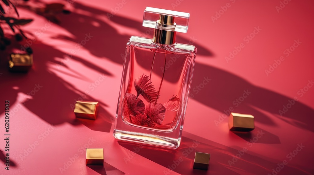 Transparent bottle of perfume with label on a red background, Girl,man perfume. Transparent bottle of perfume with label on a red background, Girl,man perfume.
