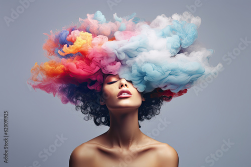 woman with colorful clouds on her head, psychedelic concept photo