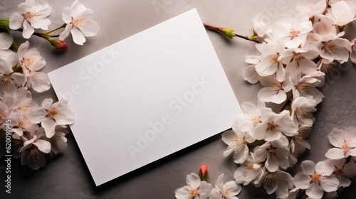 Invitation or greeting card mockup with white flowers, Card mockup with copy space on beige background.