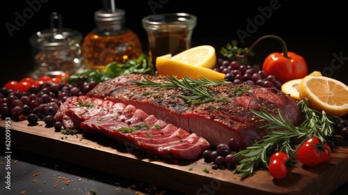 Raw beef steak on a dark wooden table, with spices, vegetables and aromatic herbs, Natural product.