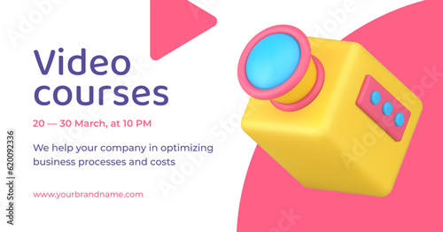 Video operator photo camera courses multimedia content blog vlog hobby 3d banner realistic vector