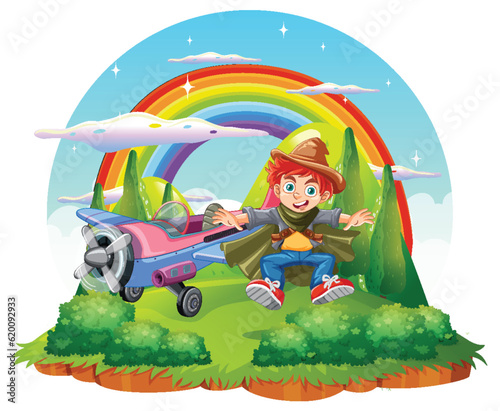 Boy cartoon with plane landing on the grond island