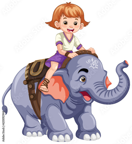 Happy Kid Riding Elephant in Cartoon Style