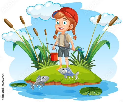 Cartoon Girl Fishing in the Pond
