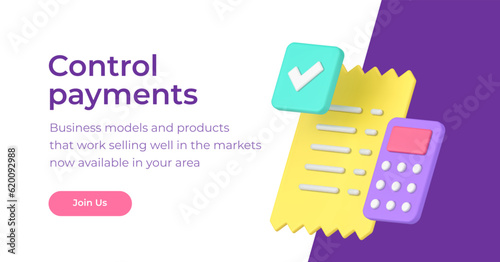 Control payments web banking financial account transaction management 3d banner realistic vector