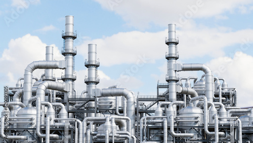Industrial factory pipeline steel gas oil petroleum petrochemical turbine electrical refinery plant power energy equipment manufacturing. 3d rendering. photo