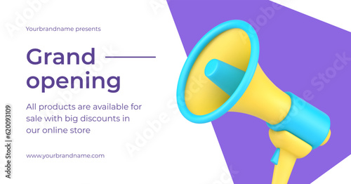 Grand opening marketing promo advertising with megaphone invitation 3d banner realistic vector