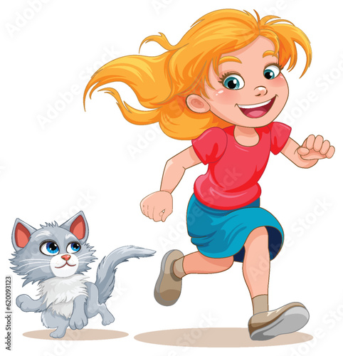 Happy girl running cartoon