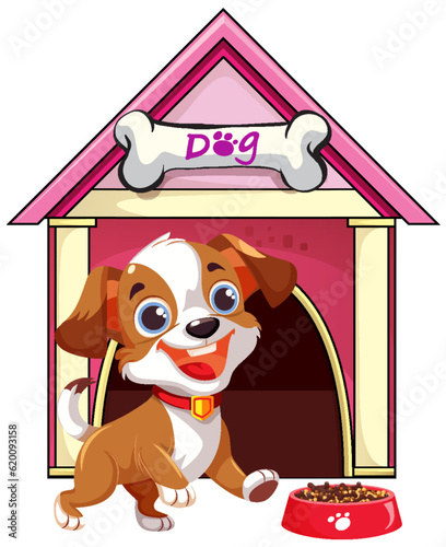 Dog in front of dog house