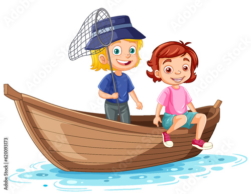 Two girl fishing on a wooden boat
