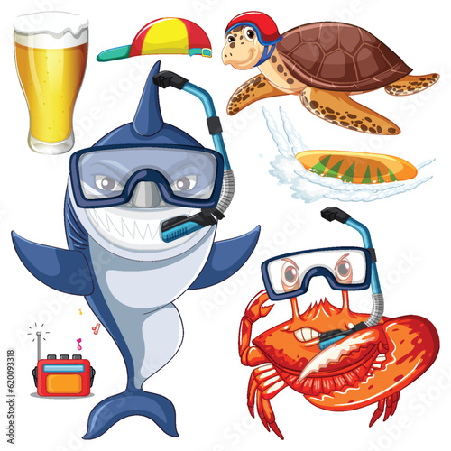 Set of sea creatures cartoon character in summer