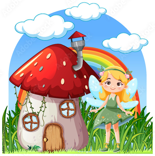 Mushroom house fairy tale with fairy cartoon