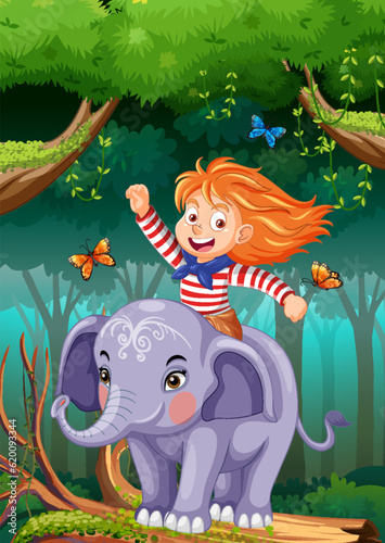 Happy Girl Riding Elephant in the Jungle