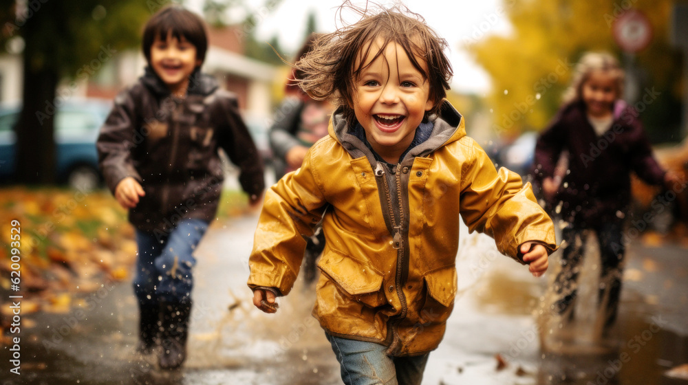 Pure Joy. Children of all races create joyous uproar in an autumn park, transforming rain-soaked leaves into playthings. Their laughter perfumes the misty air. Generative AI Pure Joy. Children of all races create joyous uproar in an autumn park, transforming rain-soaked leaves into playthings. Their laughter perfumes the misty air. Generative AI