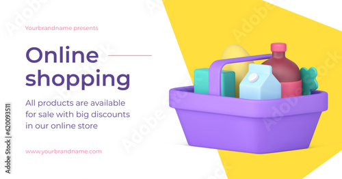 Online shopping groceries product special offer retail purchase promo 3d banner realistic vector