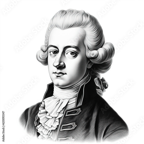 Black and white vintage engraving, headshot portrait of Wolfgang Amadeus Mozart, serious looking expression, facing camera, white background, greyscale - Generative AI photo