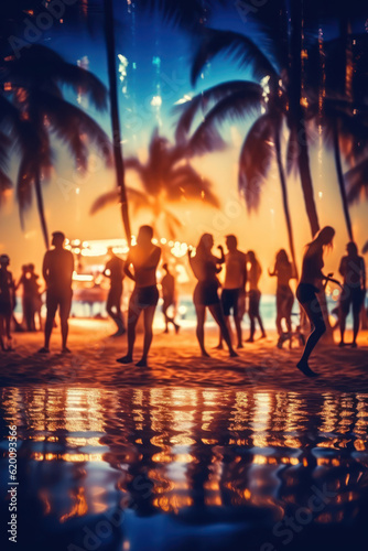 Blurred people having night beach party in summer. © tashechka